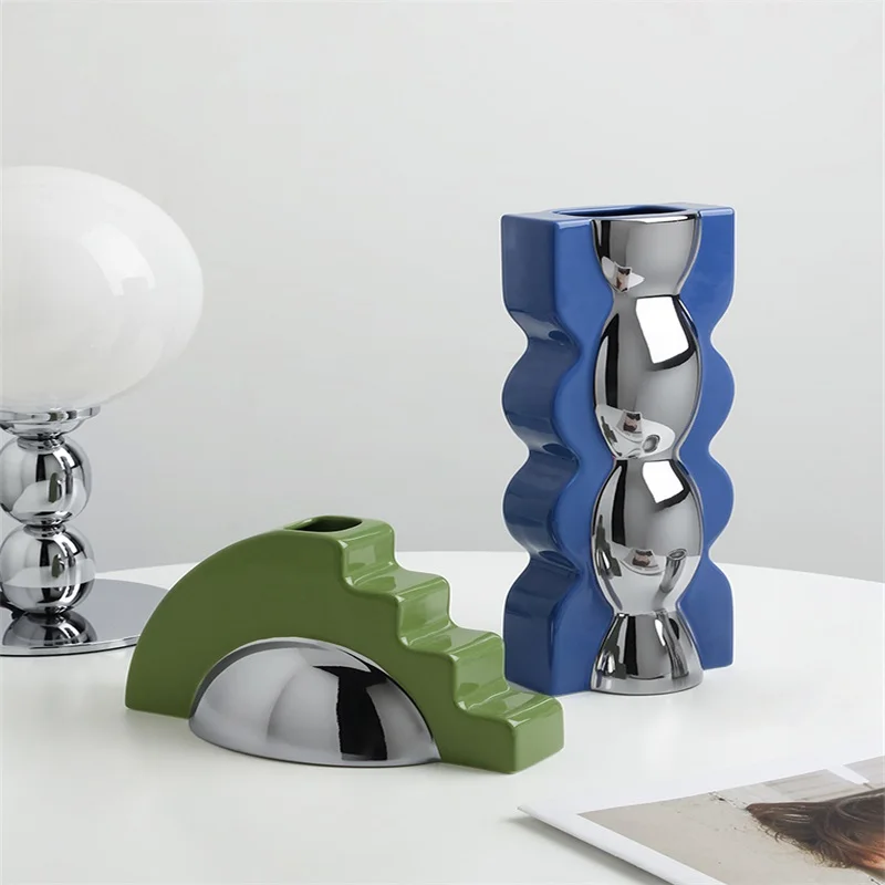 Memphis Contrast Ceramic Vase Silver Plated Yellow Flower Vases Decor Other Home Decor Christmas Gift Valentines Day