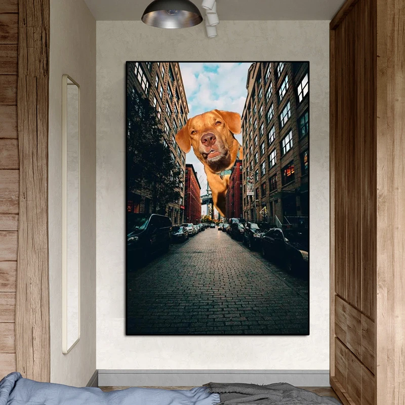 Fantasy Puppy Dog Canvas Painting Modern Animal Art Street Posters and Prints High Building Wall Art Picture Home Decor Cuadros