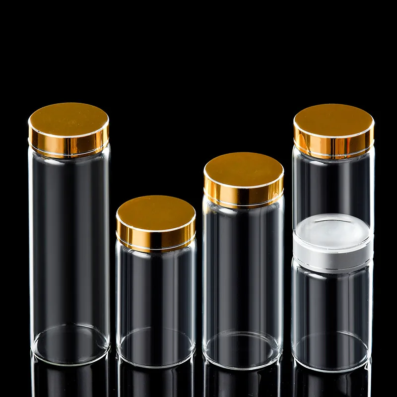 47mm Diameter High borosilicate candy food capsule storage tube type glass bottles with aluminum lid