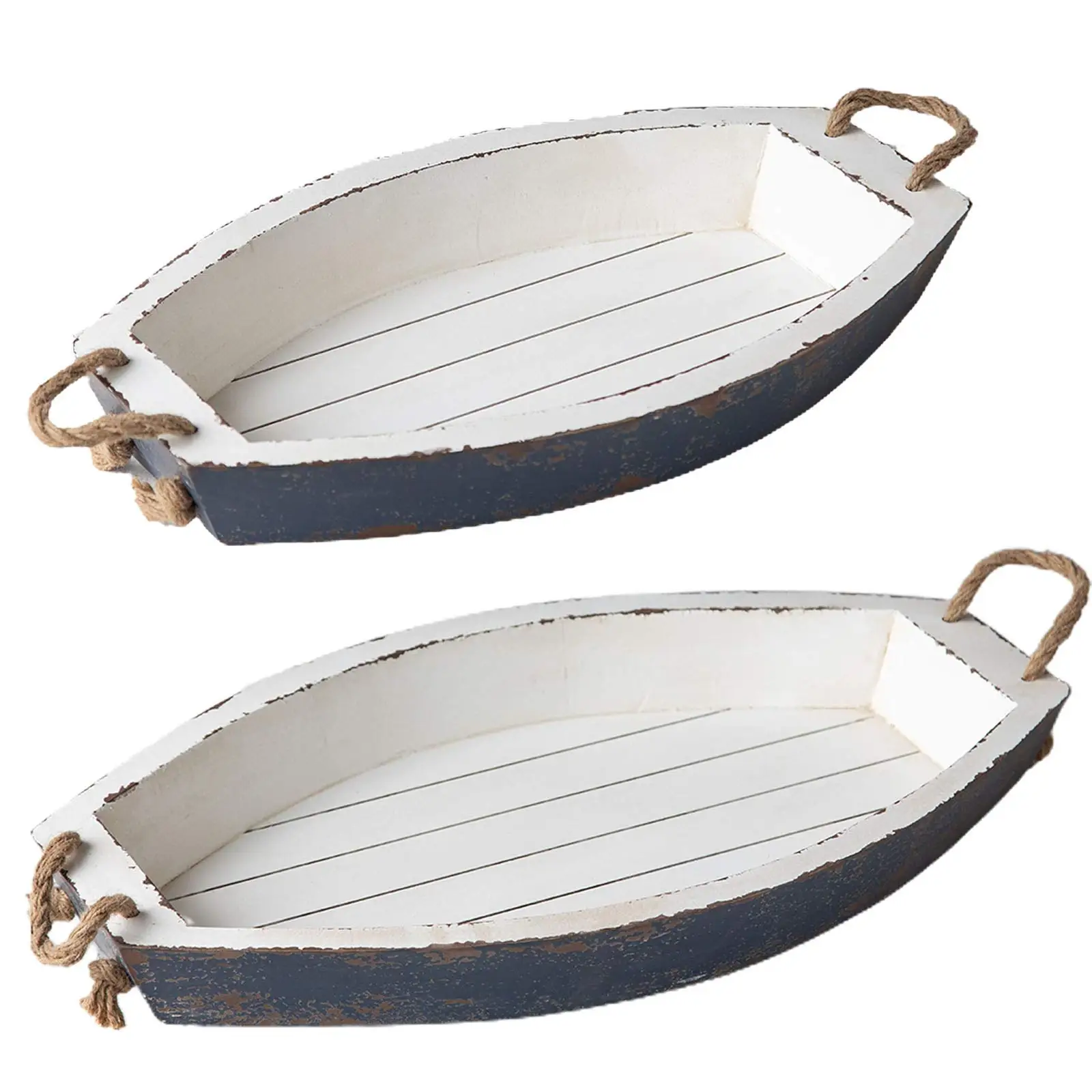 Set of 2 Rustic Style Nesting Wooden Boat Breakfast Platters Serving Trays With Belt Rope Handle