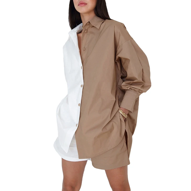 CHICEVER Colorblock Two Piece Set For Women Shirt High Waist Shorts Female Sets 2022 Summer