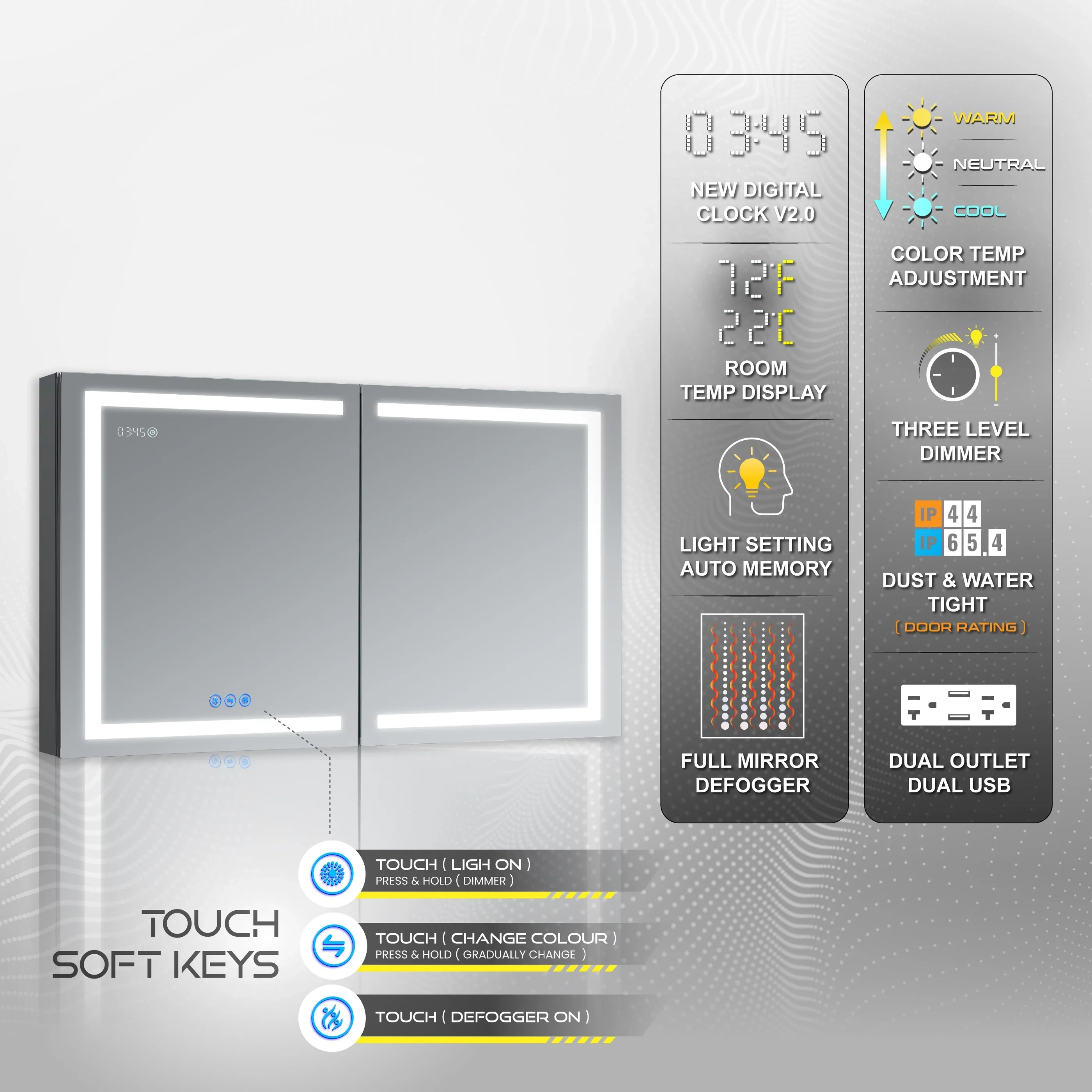 Modern LED Medicine Cabinet with Anti-Fog and Touch Sensor - Frameless Lighted Bathroom Storage
