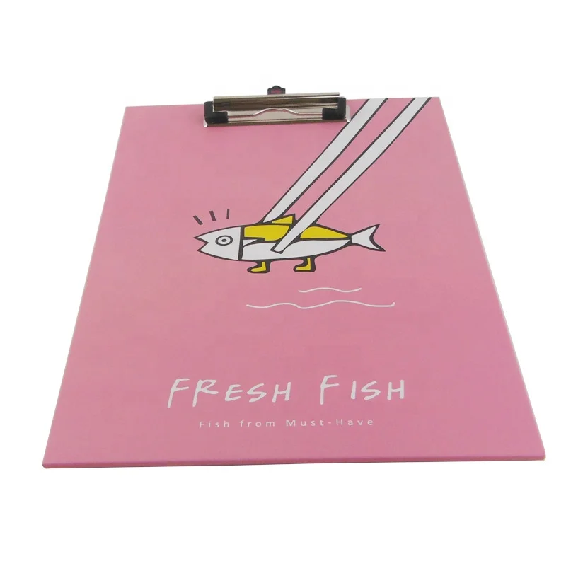 Manufacturer Customized Pink Fish Printed Hard Board Presentation Clipboard Folder with black steel clip