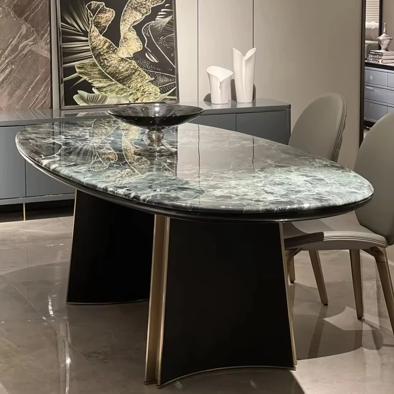 Jason Modern Italian Luxury Dining Table and Chair Set Drop-Shaped Natural Marble Long Rectangular Table Furniture Stone