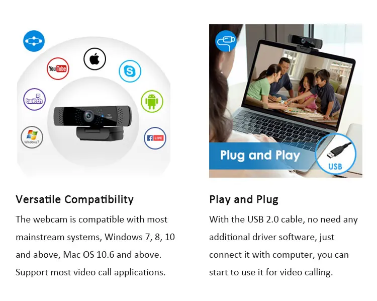 1080P 30FPS Video Chat Automatic Noise Reduction Fixed Focus Low-Light Correction Privacy Cover Webcam Web Camera 1080P