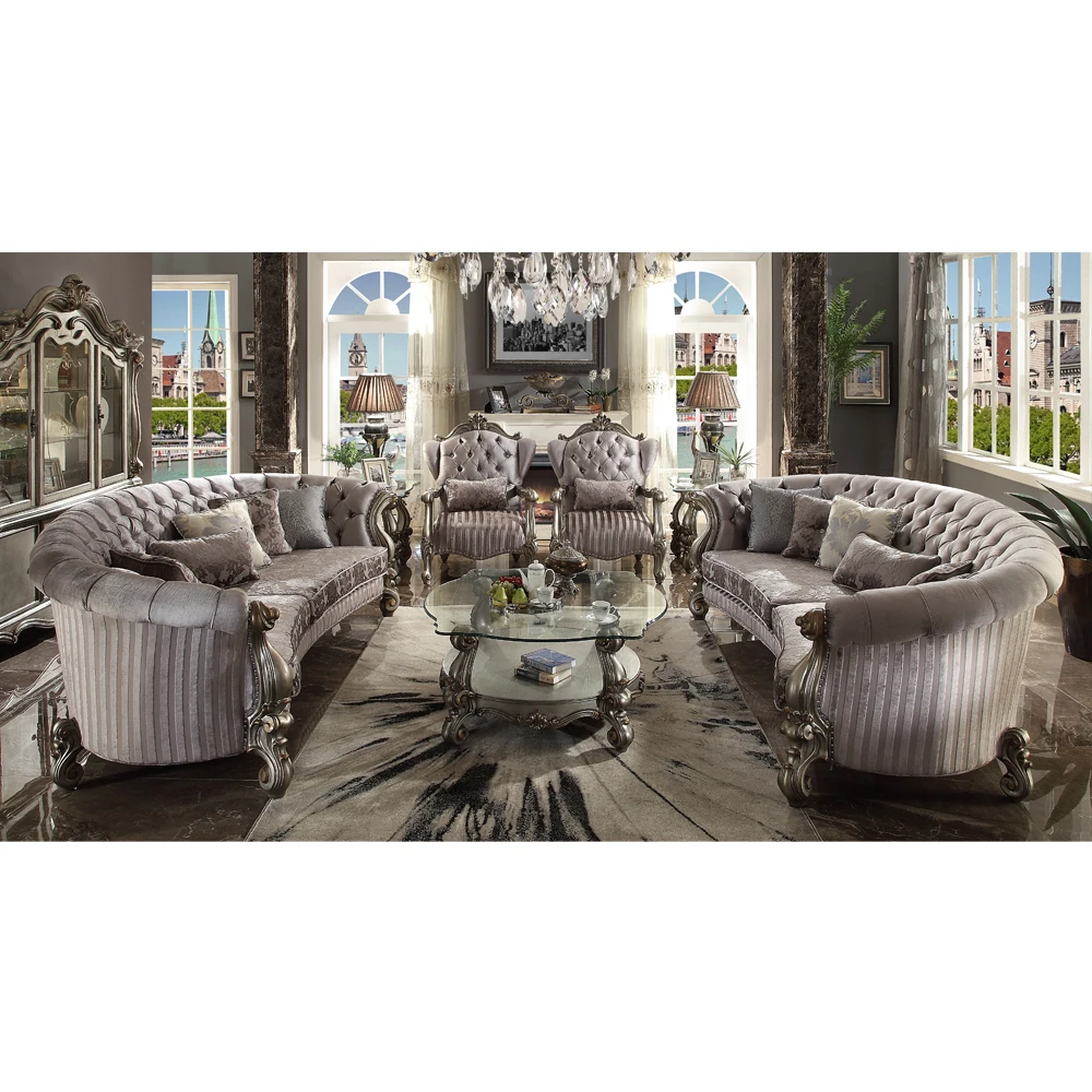British Baroque Semicircle Sofa Soft fabric Antique Wooden Living Room Furniture Set