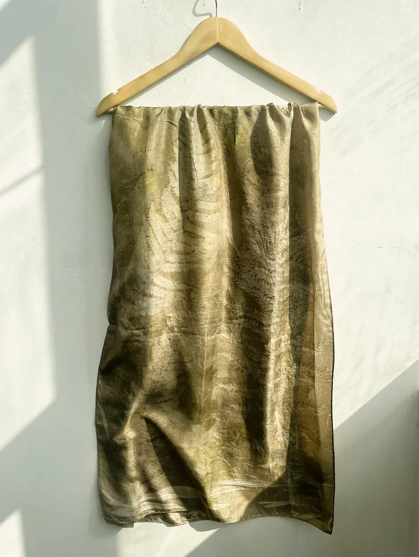 New Arrival Premium Eco Printed Ferns & Rose Pure Silk Scarf with Unique Leaf Patterns Sustainable Casual Wear for Women