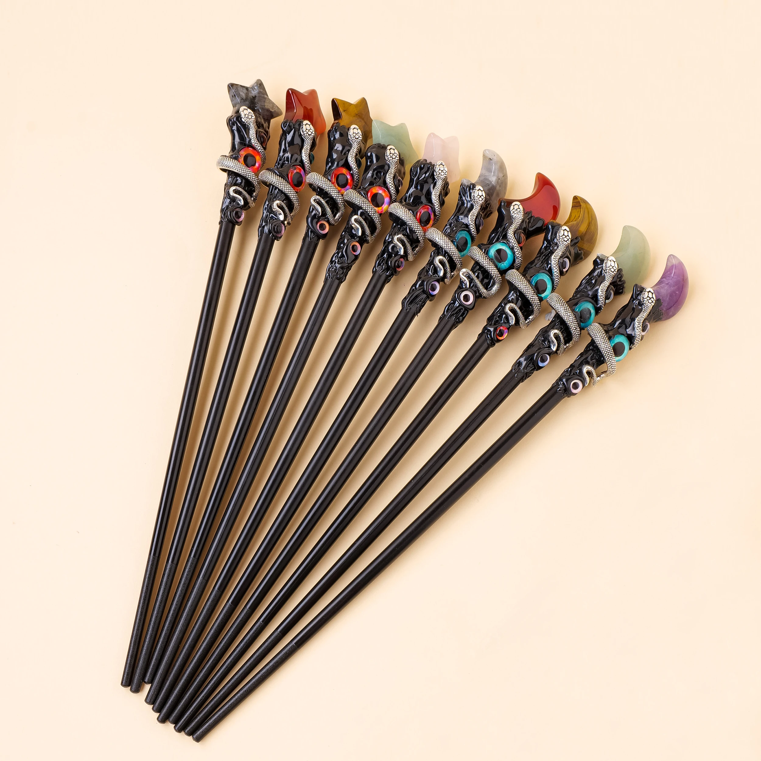 Wholesale Healing Natural Crystal Handmade Amethyst Moon Stars Scepter Ornament Carving Crystal Magic Stick Wand For Gifts