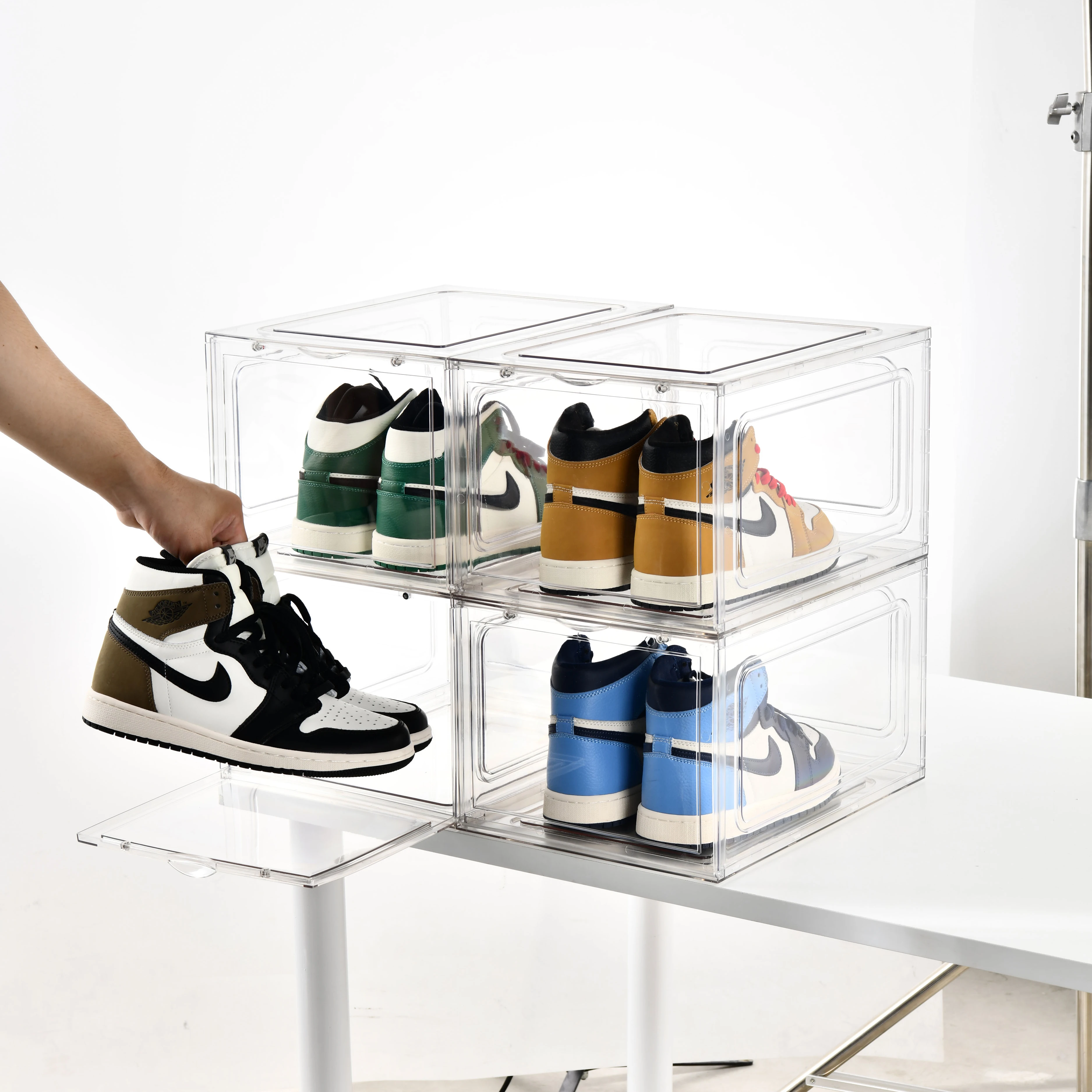 PET high transparency plastic shoe box organiser display shoe case with magnetic front door