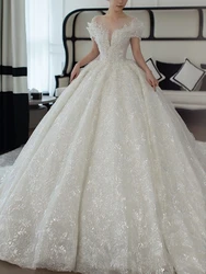 Dubai Sparkly Sexy V Neck Wedding Dresses Long Sleeve Luxury Full Beading Bridal Gowns Custom Made Vestidos De Novia