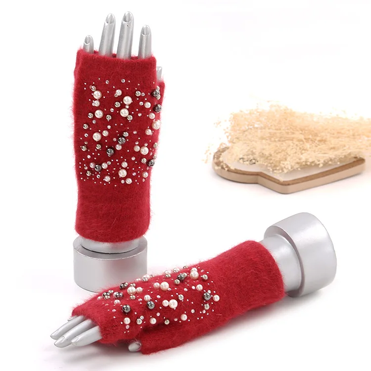 Fingerless Women Winter Gloves Long Knit Fingerling Pearl Beaded Autumn Warm Gloves Half Finger Typing Luva Feminina Guantes Red