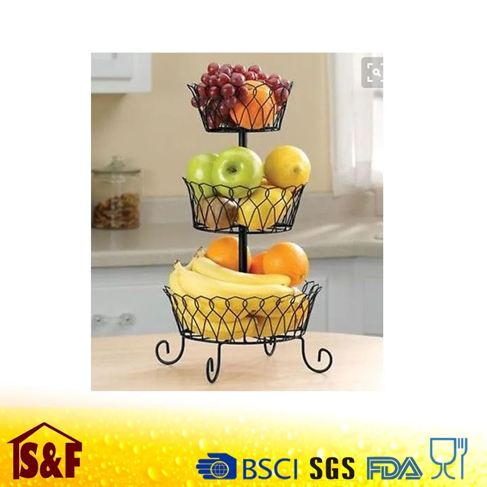 New style Kitchen black metal wire stand fruit basket 3 tier holder storage organizer for living room
