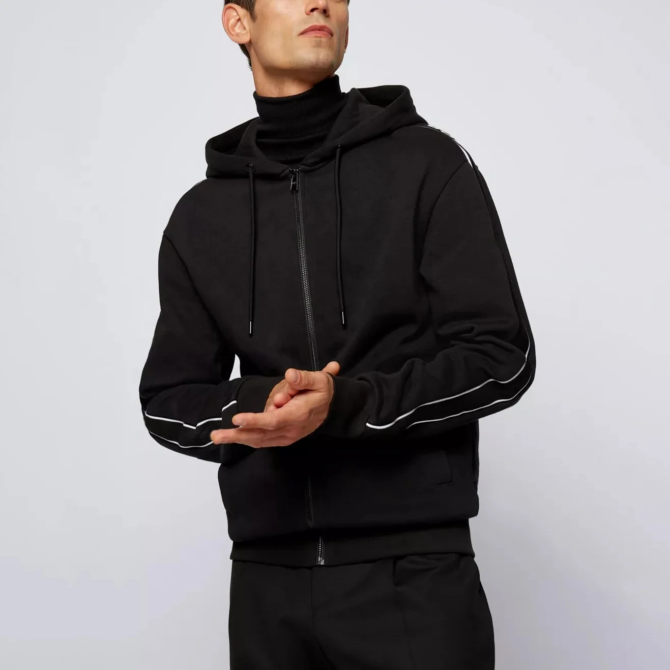 Повседневная Толстовка из хлопка и махровой ткани с капюшоном на завязках, черная куртка, мужские толстовки, куртки на молнии