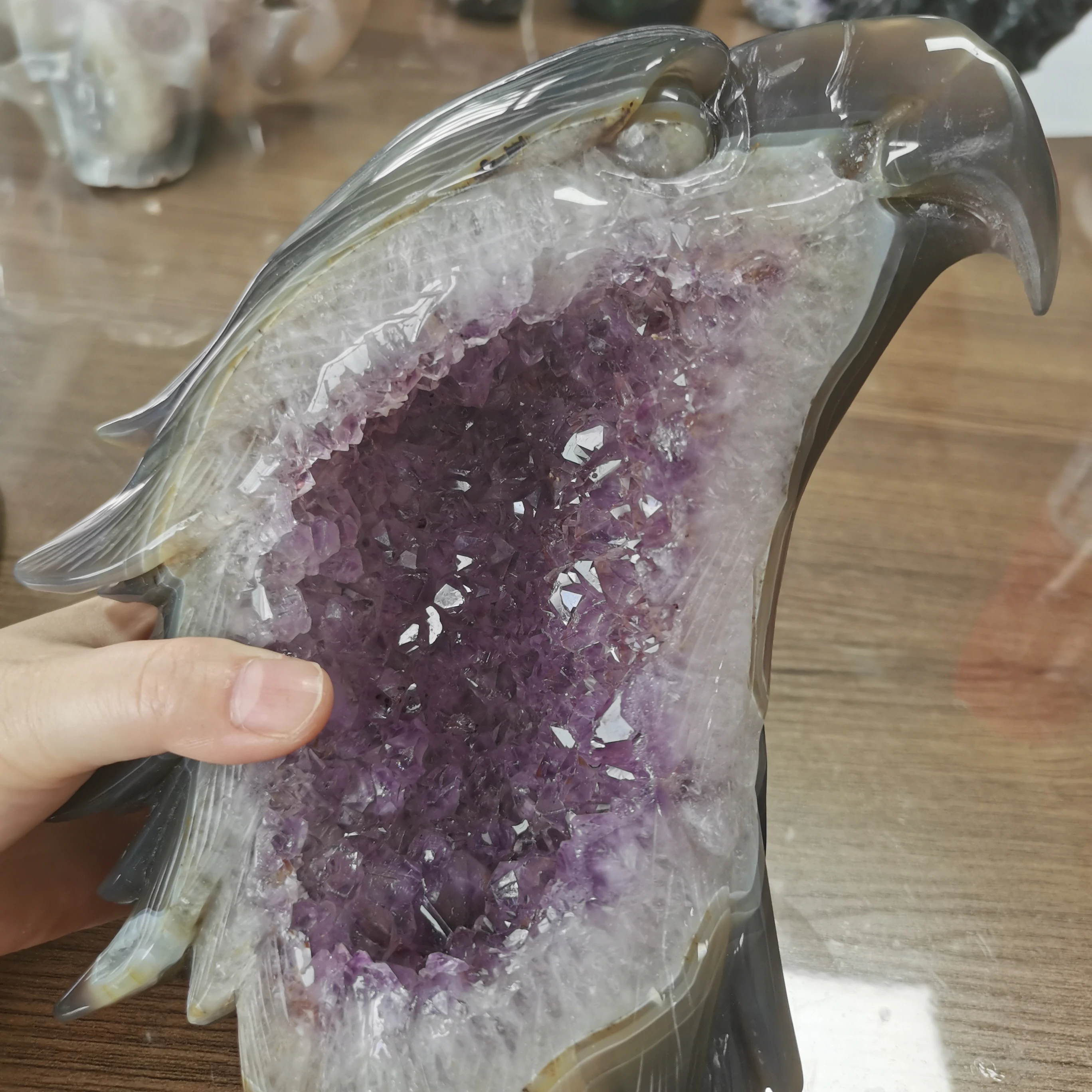 Уникальная ручная резьба по кристаллам натуральный аметист жеод агат Орел скульптура для украшения дома