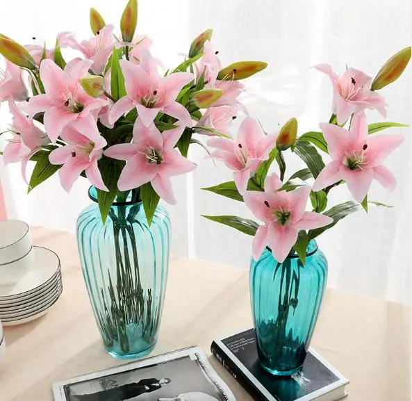 Hotsale Artificial real touch flower artificial PVC Lily 3 heads for home wedding decoration