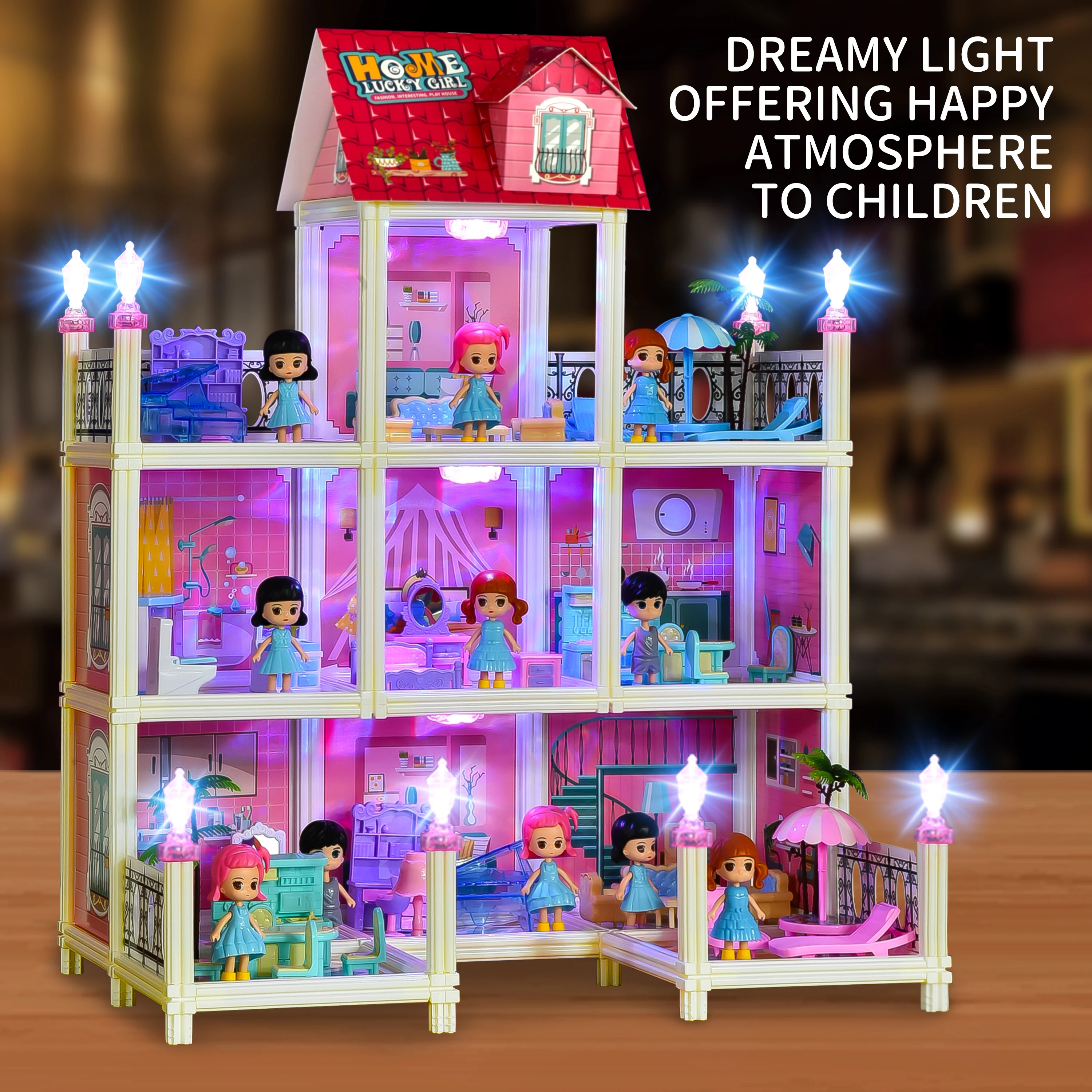 Kouyikou Factory Children Pretend Play Toy Big Doll House Diy Gift Playing Games Educational Building Block Toy for Kids