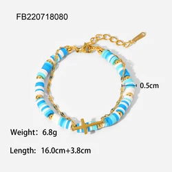 New Fashion 18K Gold Lovely Color Soft Ceramic Pink Blue Colourful  Double Chain Cross Zircon Beads Elements Bracelet For Women