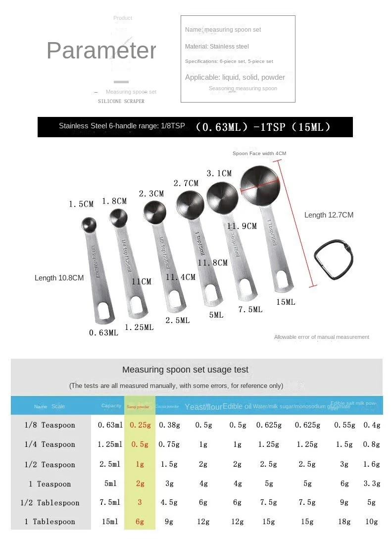 Kitchen accessories baking measuring spoon stainless steel metal 6 pcs set milk powder scale measuring spoon