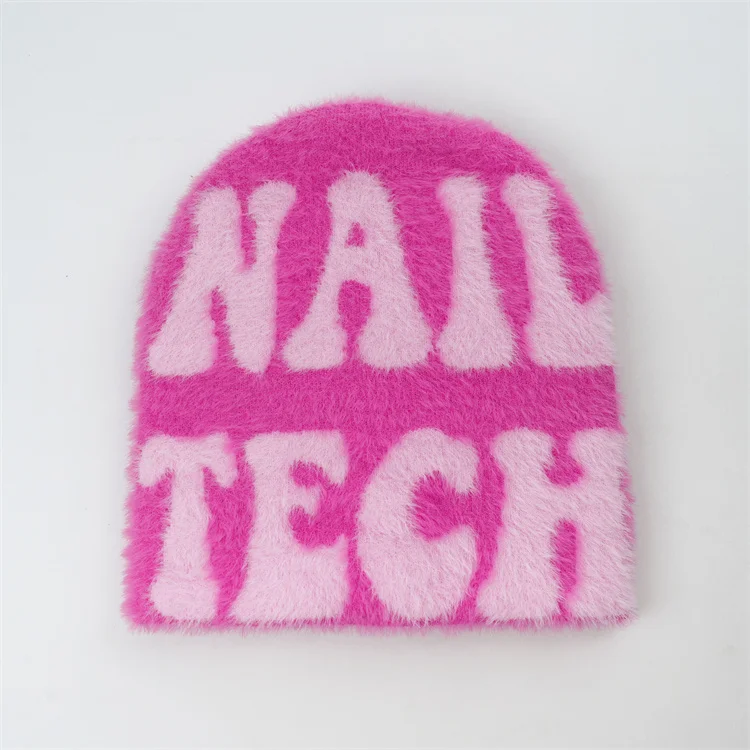 OEM Popular Style Unisex Girls Pink Colorful  mohair Winter Hats Custom Jacquard Toque Knit beanie
