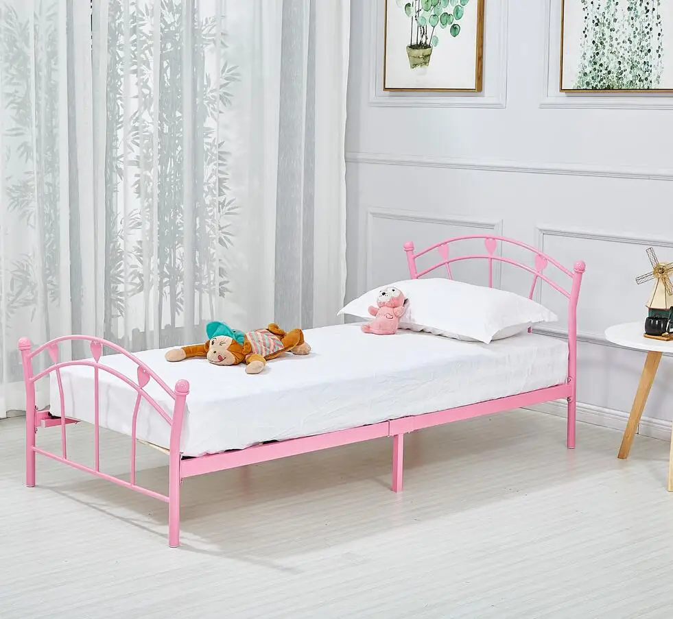 Home Bedroom Girls Twin Metal Bed with Pink Heart Motifs