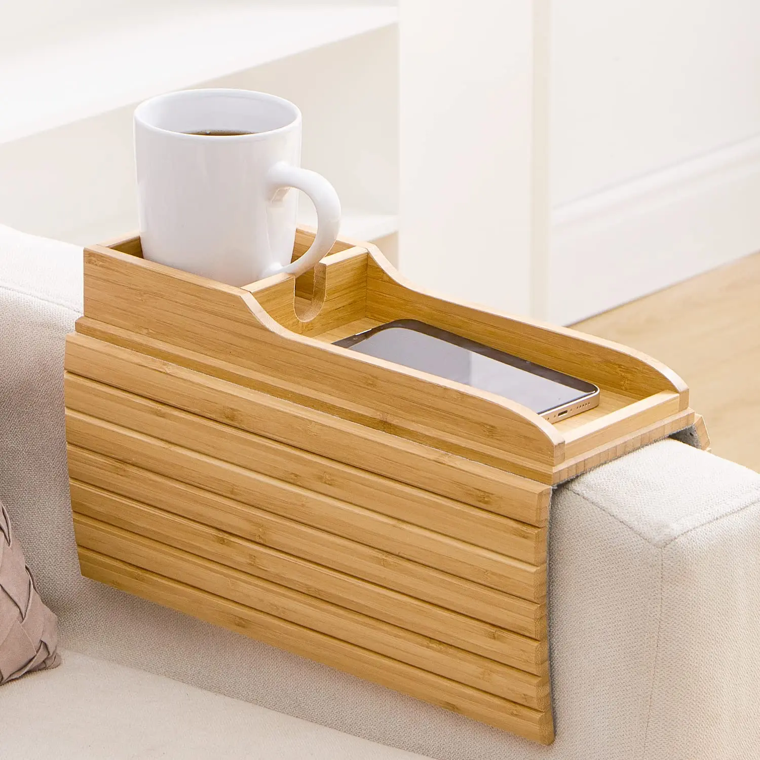 Modern Rectangular Couch Cup Holder Natural Bamboo Armrest Tray With Anti Falling Design More Safe For Your Family Living Room
