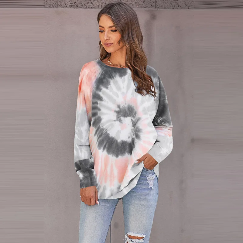 High Quality Long Sleeve Women Hoodie Spring Casual Irregular Round Neck Blouse Womens Tie Dye Sweatshirt