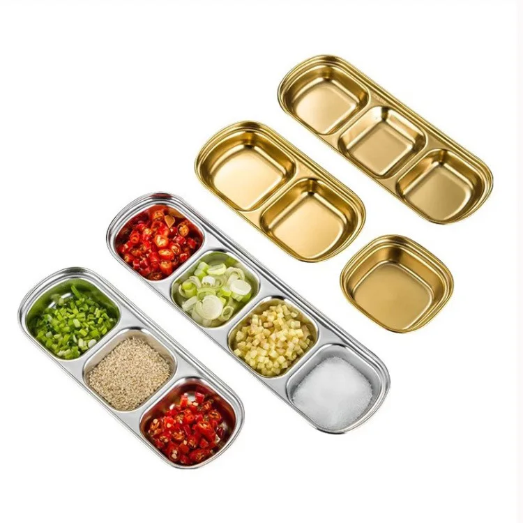 Custom Korean Golden Dipping Dish 304 Stainless Steel Hot Pot Sauce Dish Barbecue Two Three Four Partitions Kitchen accessories