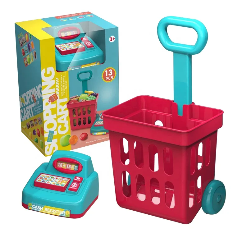 
Kids Plastic Pretend Play Set With Cash Register Mini Trolley Shopping Cart Toys 