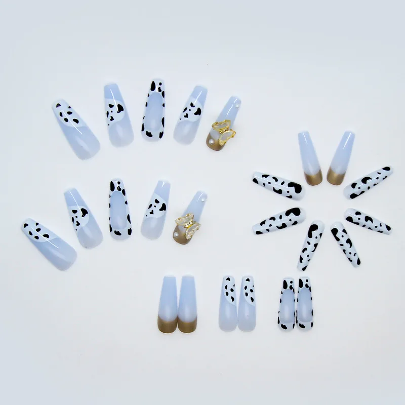 Custom Full Cover Cow Print Press On Nails French Design Long Ballet 3D Butterfly Coffin False Nails