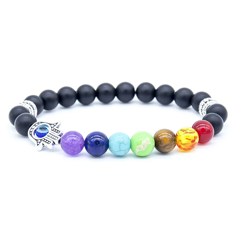 2022 New Arrival Natural Stone Hand Of Fatima Chakra Bracelet Coloful Lava Crystals Healing Stone Beaded Evil Eye Bracelet
