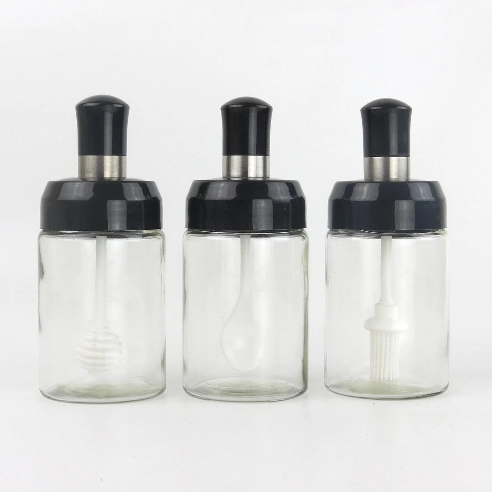  250ml*3pcs Full Set Salt Pepper Herb Spice Seasoning Bottle Jar Tools Container with Moisture-Proof Lid of Spoon Honey