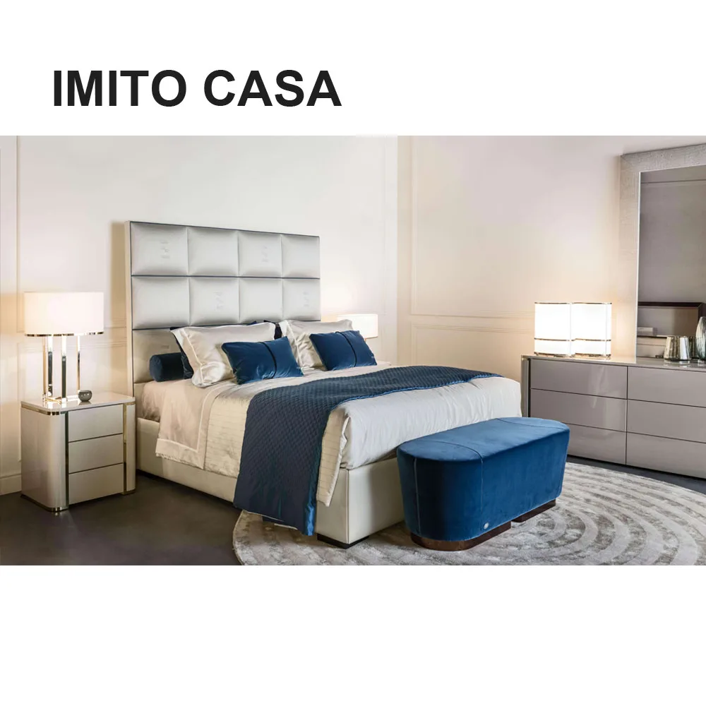 Italian Luxury Furniture Elegant Bedroom Set FF Style Grey Satin Bed High Quality Fabric Upholstery Double Bed King Size Bed