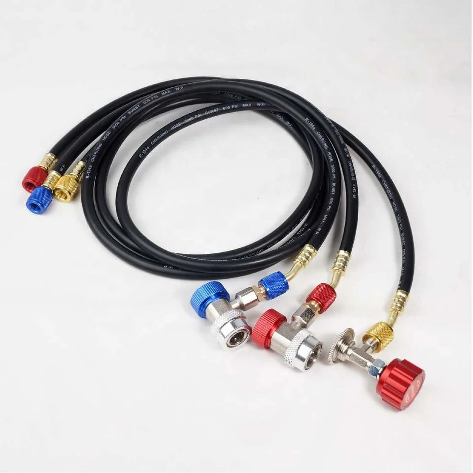 HVAC Refrigerant Black Rubber Charging hoses with 3 colors aluminium alloy connector for refrigerant charging.
