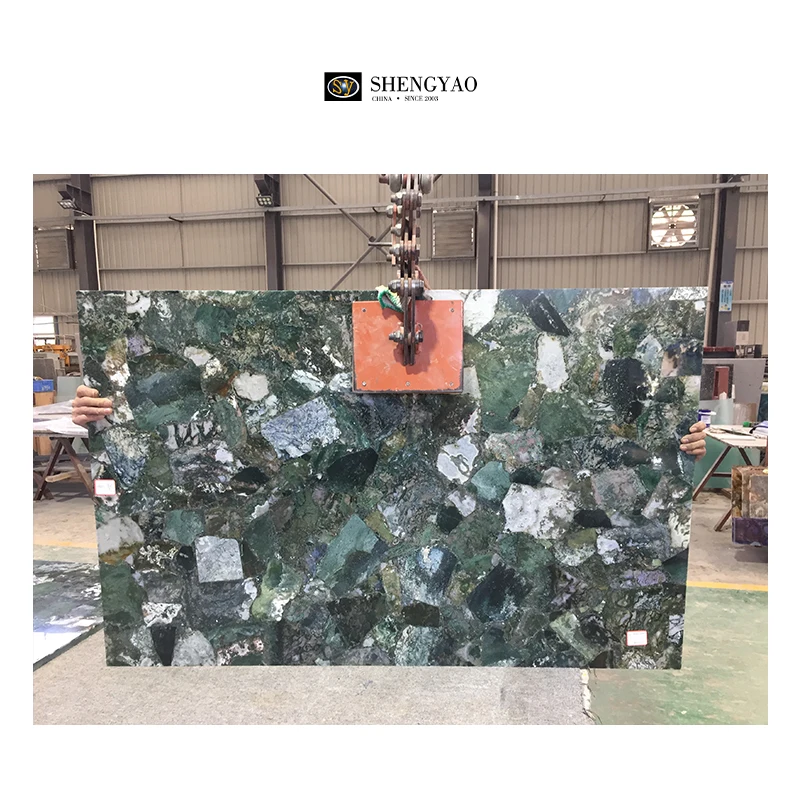 Factory Price Custom Natural Green Translucent Stone Gemstone Backlit Moss Agate Wall Panels