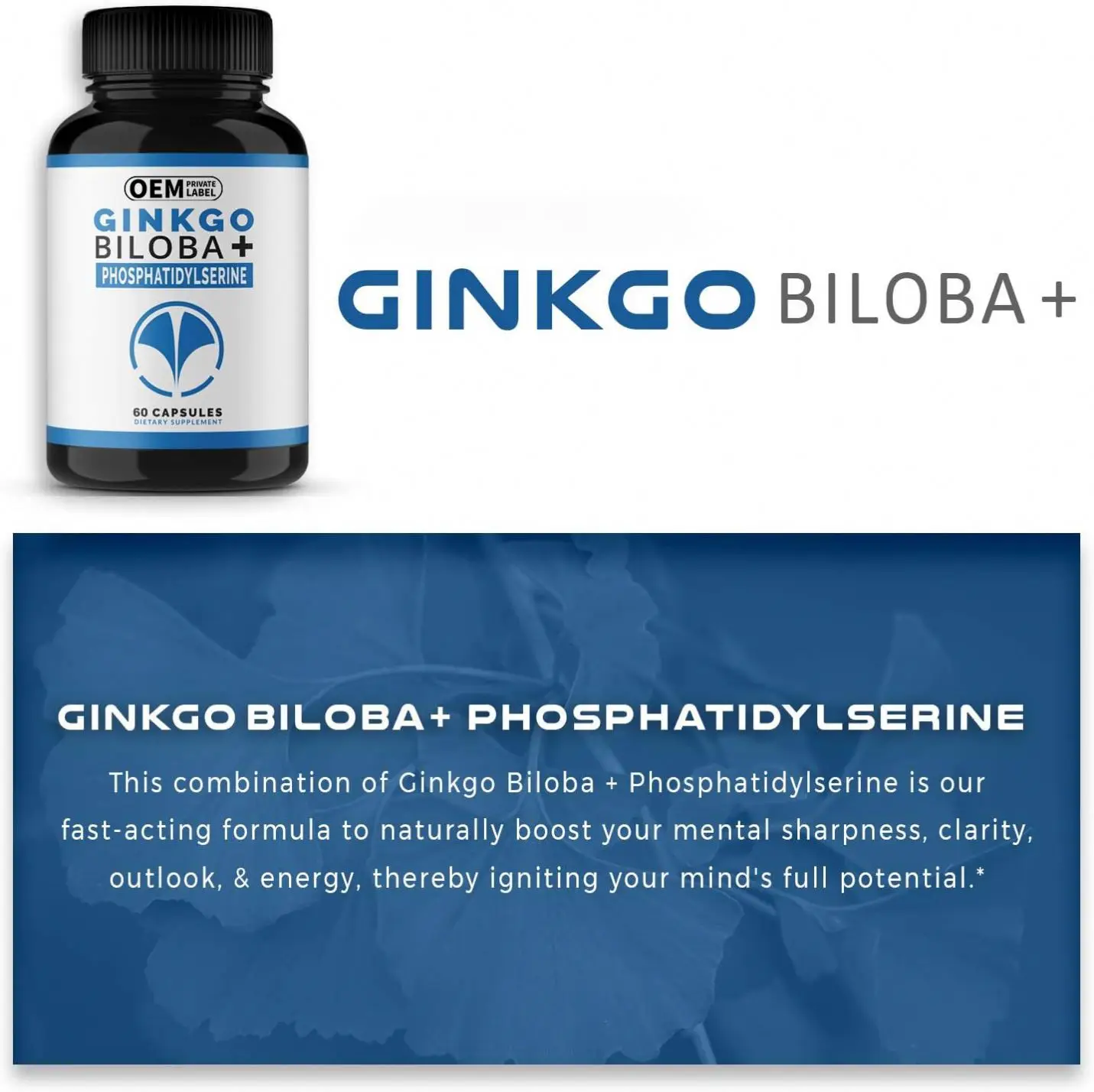 OEM Nootropic Brain Supplement Ginkgo Biloba+ Phosphatidylserine 60 Capsules Helps Improve Mental Performance and Working Memory