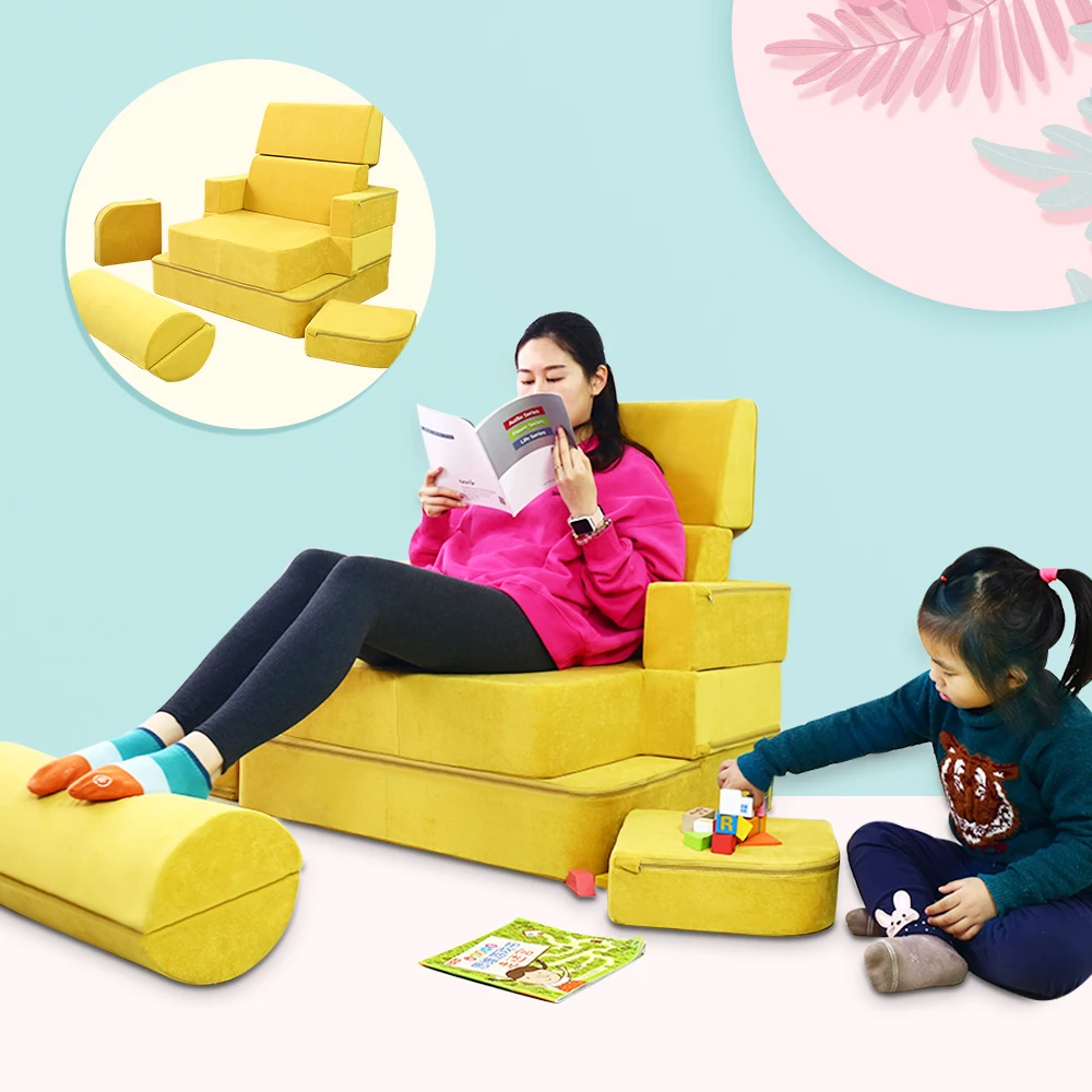 
2021 micro-suede cover foldable children nugget play foam couch magnetic with waterproof liner 