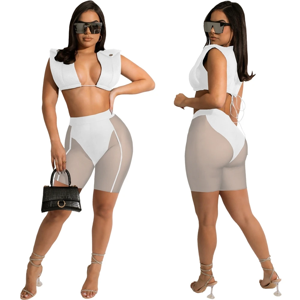 Women Summer Fashion 2022 Beach Wear Mesh Two Piece Short Set Crop Vest Top See Through Biker Shorts 2 Piece Pants Women Set