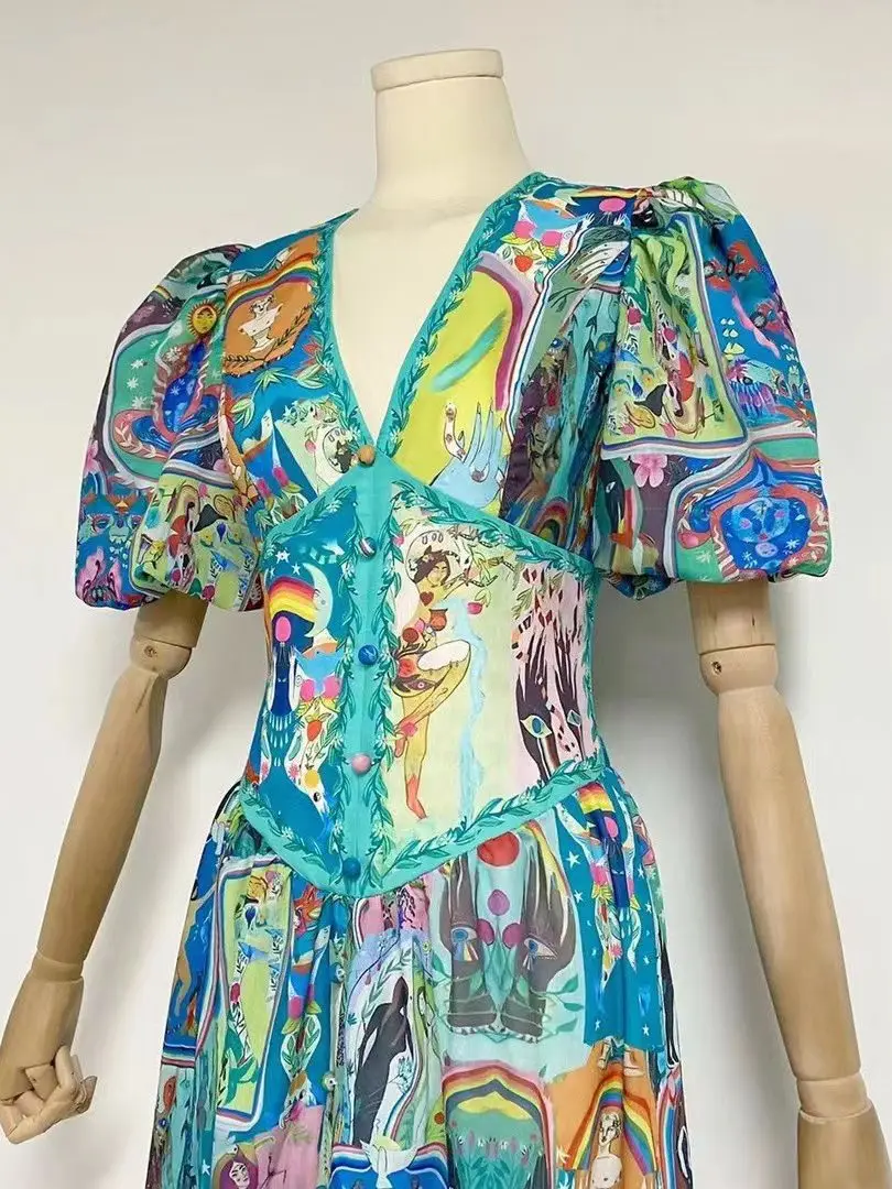 2023 New V-Neck French Vintage Puff sleeves short sleeves cinched waist slim slit Print Midi dress