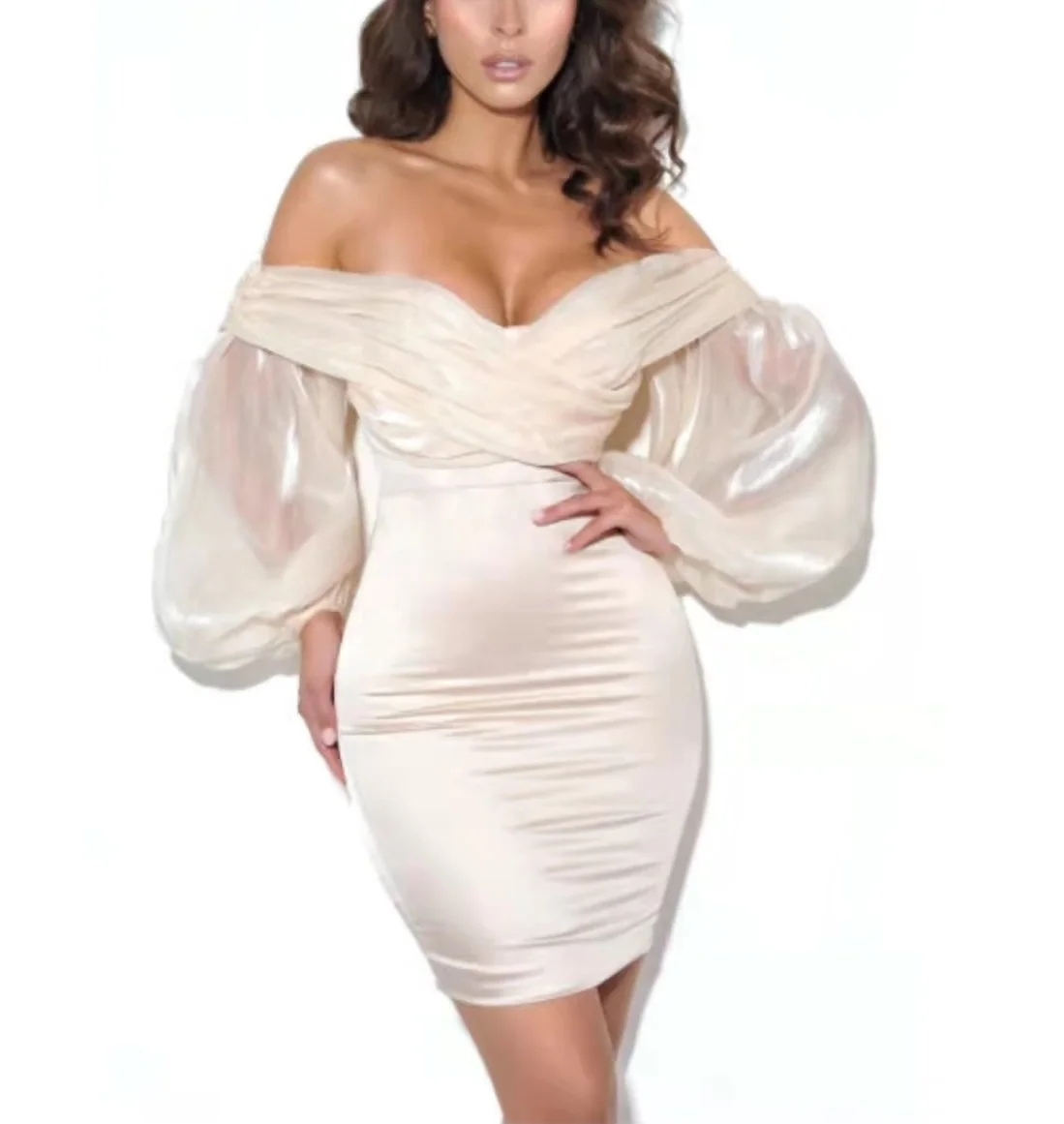 New wholesale elegant white mini sweetheart casual body con dress high quality sexy summer organza party puff sleeve dress women