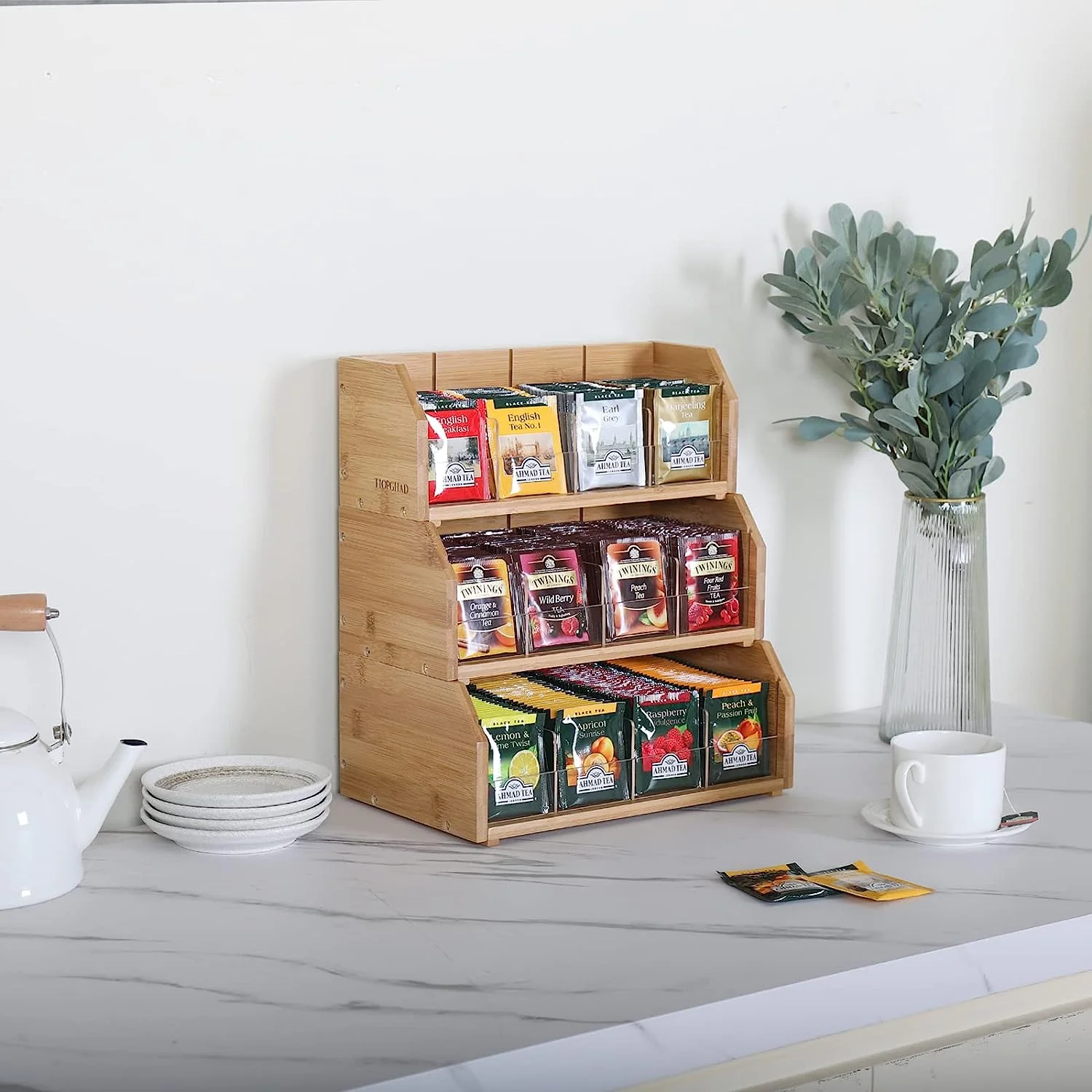 Bamboo Tea Bag Organizer Storage Holder for Tea Bags Stackable Wooden 3 Layer Tea Caddy Box