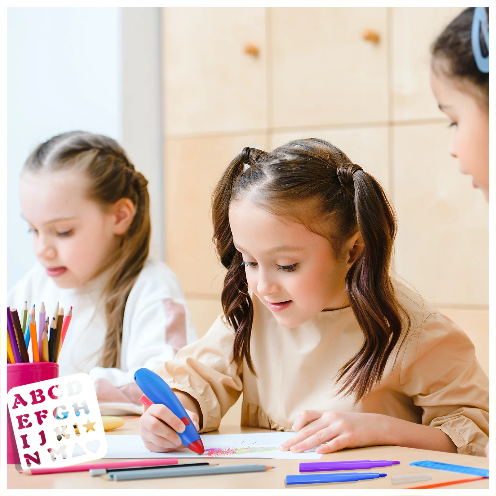 JSK Airbrush Painting Set Electric Spray Pen Washable Paint Color Graffiti Pen Airbrush Stencil Set DIY Art Kit for Kid Painting