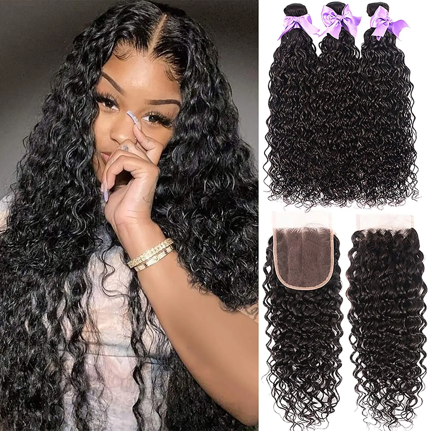 Water Wave 3 Hair Bundles with Closure Grade 12a Ocean Wave Peruvian Hair Bundles with Closure Wet and Wavy Human Hair Weave