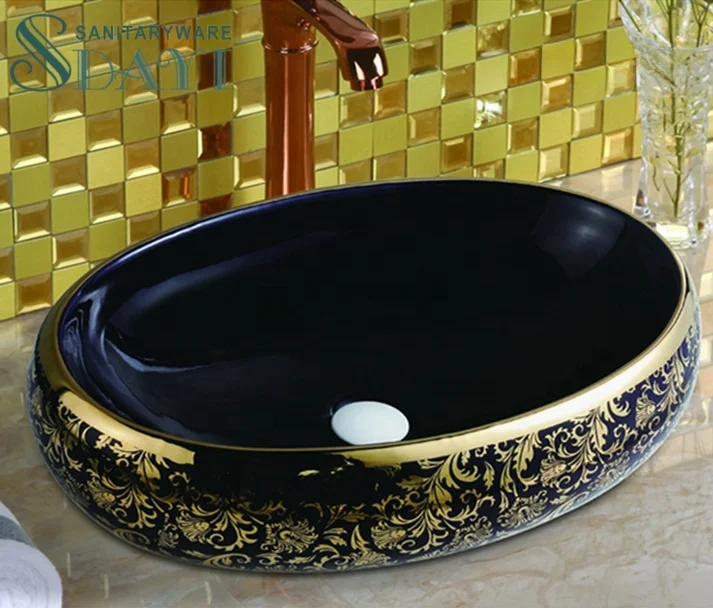 SDAYI Wholesale Royal Basin Luxury Porcelain Black Living Room Round Golden Sink Bathroom Oval Hand Wash Basin