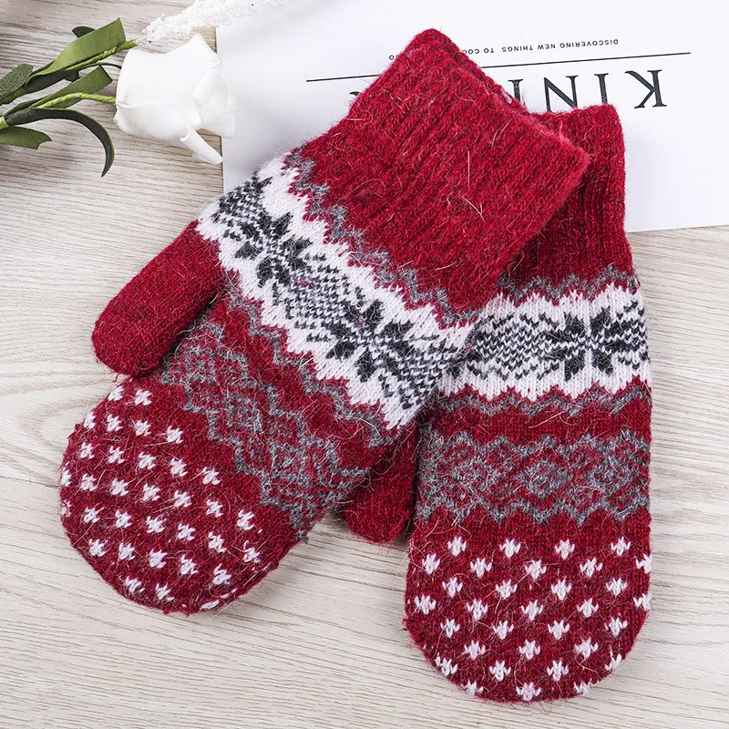 Ready to Ship Wholesale Wool Lady Winter Mittens Snow Pattern Winder Girl Warm Mittens