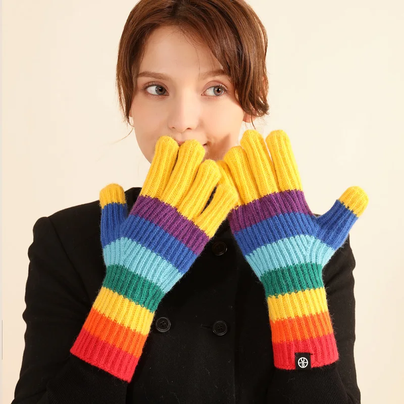 New Arrival Five Finger Warmth Winter Women Long Acrylic Knitted Rainbow Colorful Stripe Gloves