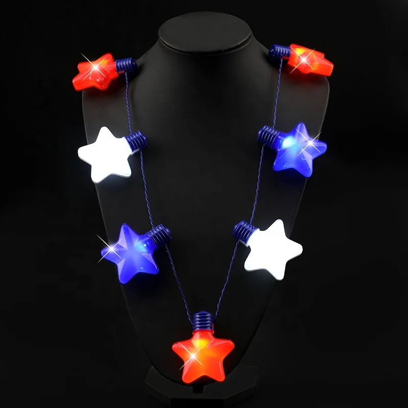 USA Fourth Of July LED Red,White&Blue Star Flashing Lights Patriotic Light-Up Necklace For Party