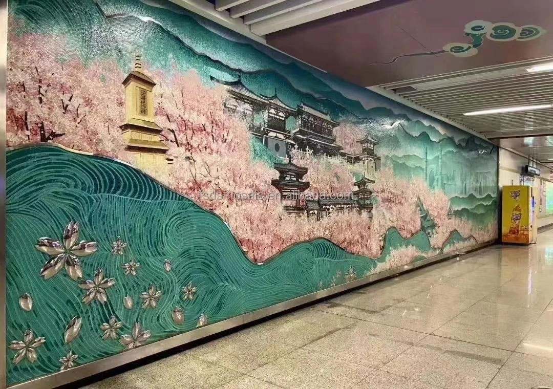 Custom flower landscape bird handmade picture pattern full glass art mural mosaic tile for wall decoration