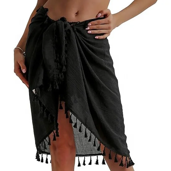 Beach Sarong Pareo Womens Semi-Sheer Swimwear Cover Ups Short Skirt with Tassels