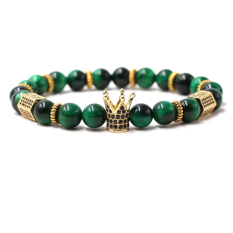 Classic Micro Pave CZ Crown Charm Bracelet For Women Natural Tiger eye Howlite Stone Bracelet For Men Gift Jewelry