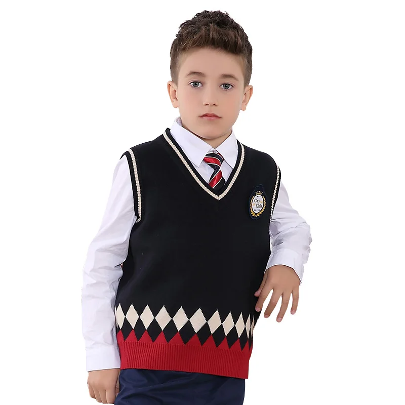 
Boys Spring and Autumn Children British Style V-neck Navy Blue color kids Vest Sweater 